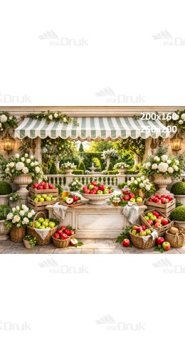 Tło fotograficzne „Elegancki ogród z jabłkami i klasycznym straganem” | 4016